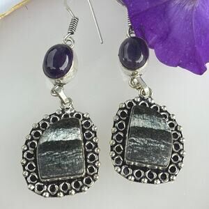 925 Sterling  Silver Line Jasper & Amethyst Dangle Earrings